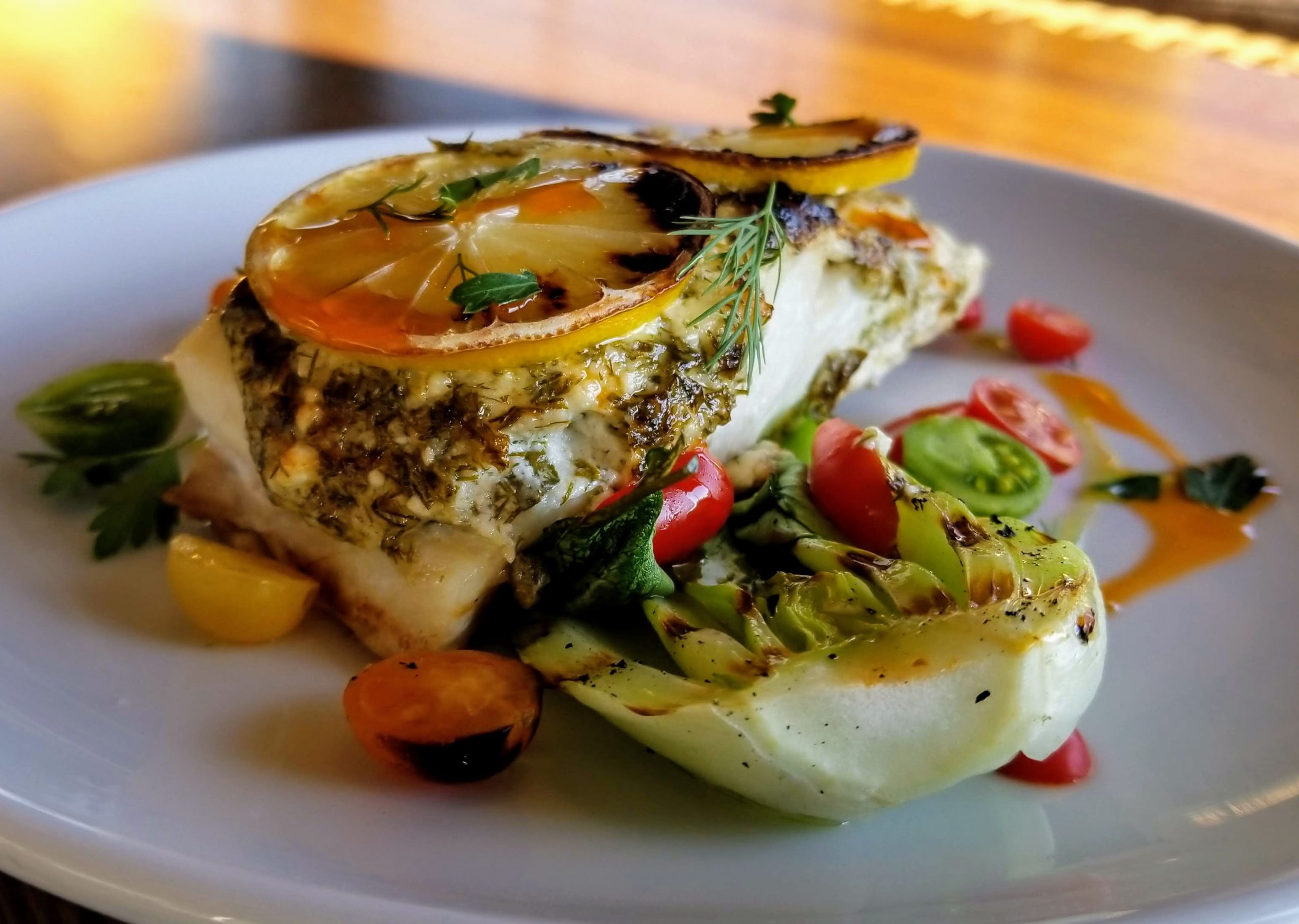 Broiled Alaskan Halibut with Herbs & Feta paired with Davis Estates Cabernet Franc