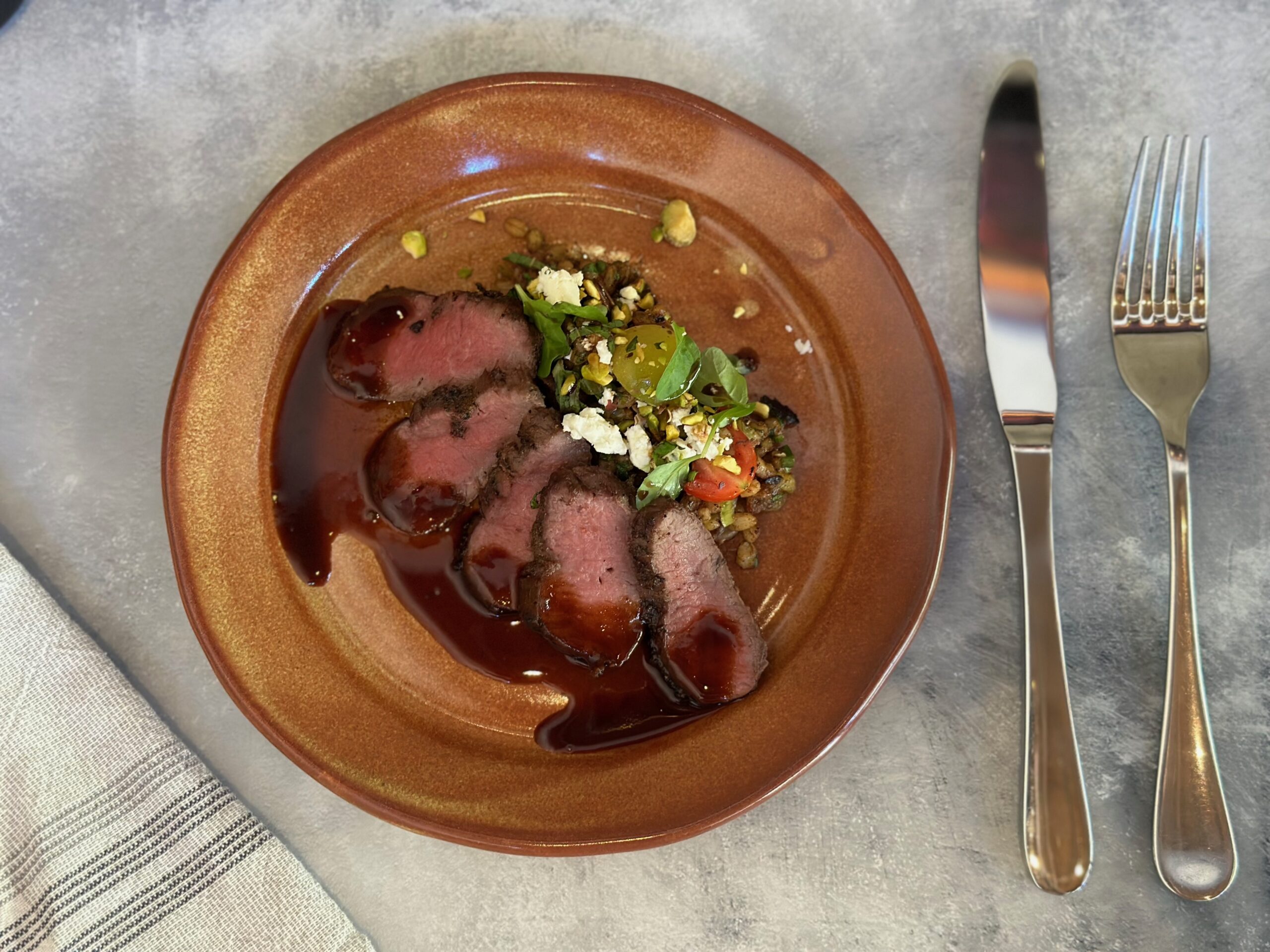 EGYPTIAN BARLEY SALAD WITH SEARED LAMB LOIN