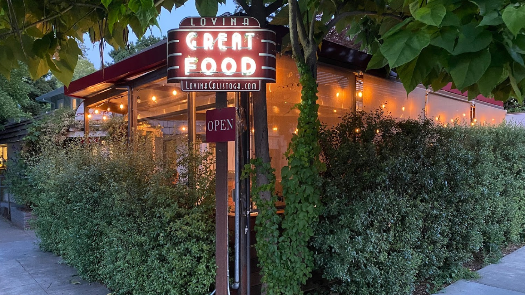 An evening photo of Lovina, a classic American eatery in Calistoga, CA, as featured in Davis Estates’ wine blog on the best things to do in Calistoga