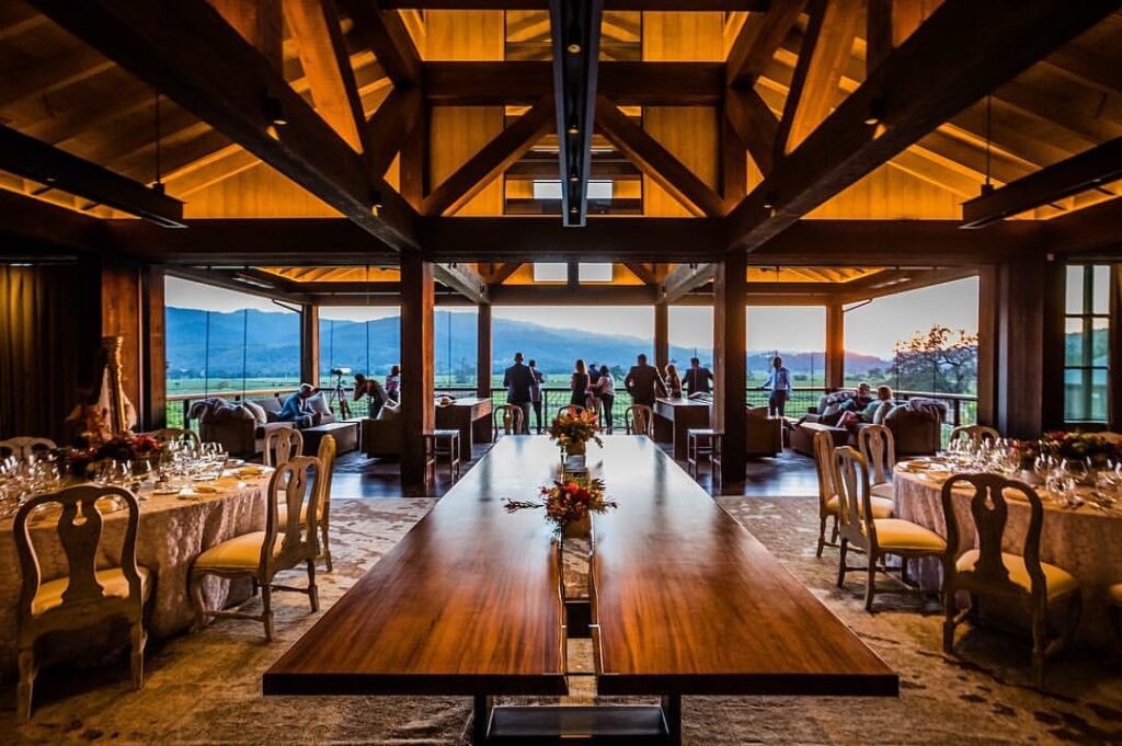 Elegant Davis Estates dining hall with vineyard view