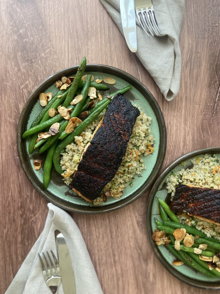 Seared salmon with quinoa and green beans almondine