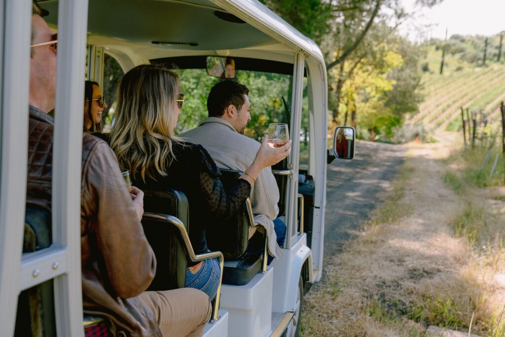 Group riding vineyard tour cart with wine glasses