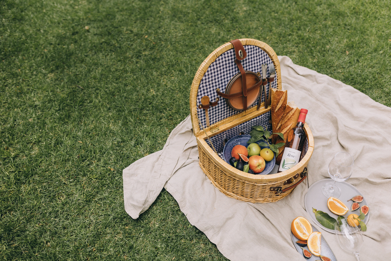 Davis Estates picnic basket with wine and fruits
