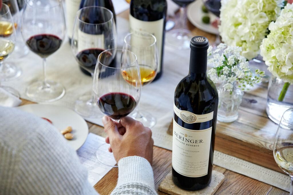 Wine tasting with Beringer Cabernet at elegant table setting