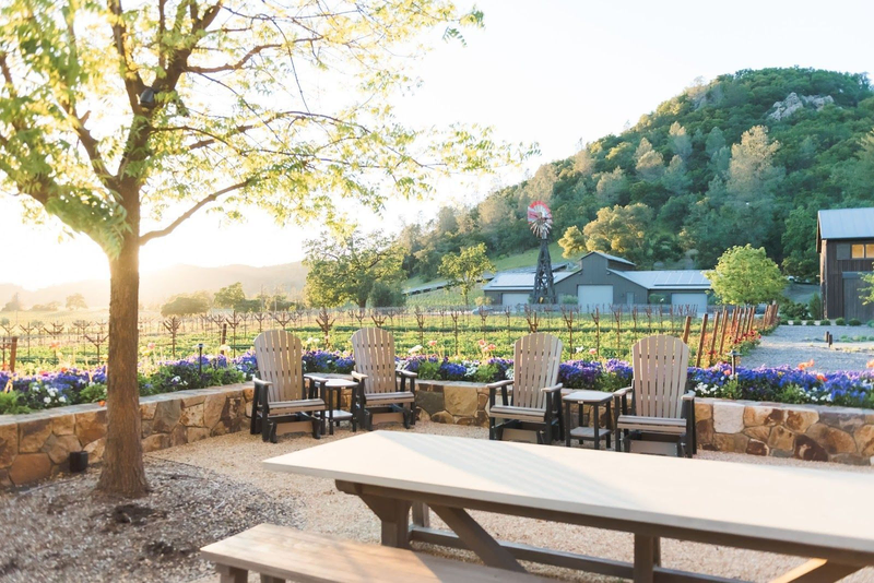Davis Estates vineyard patio with scenic hillside view