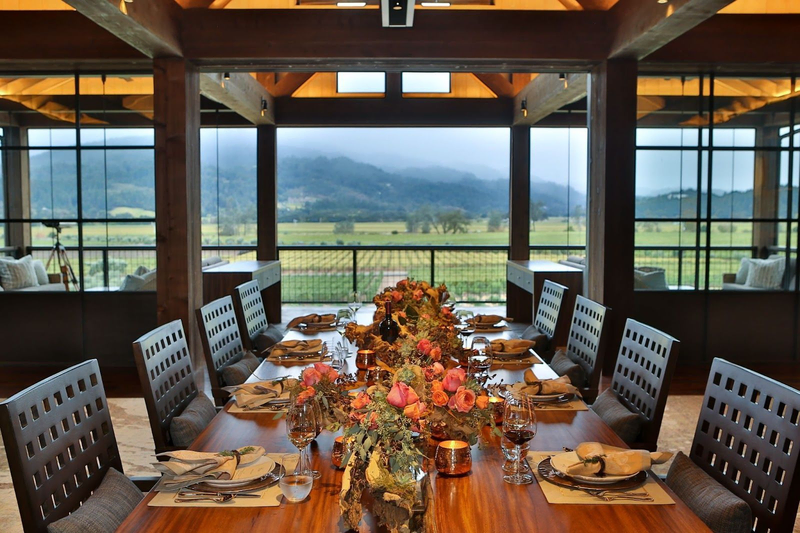 Elegant dining table at Davis Estates with vineyard view