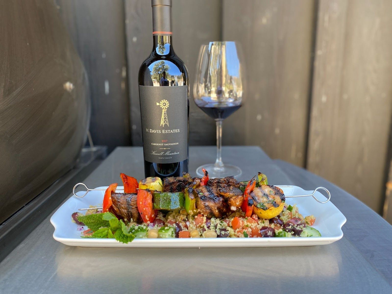 Davis Estates wine with grilled kebabs and couscous salad