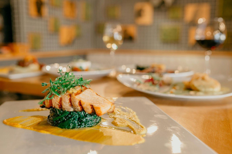 Gourmet salmon dish with wine at Davis Estates