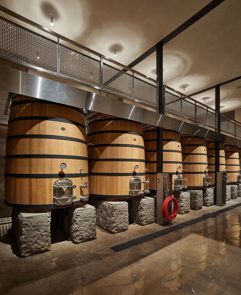 Large wooden wine tanks lined up inside modern winery cellar