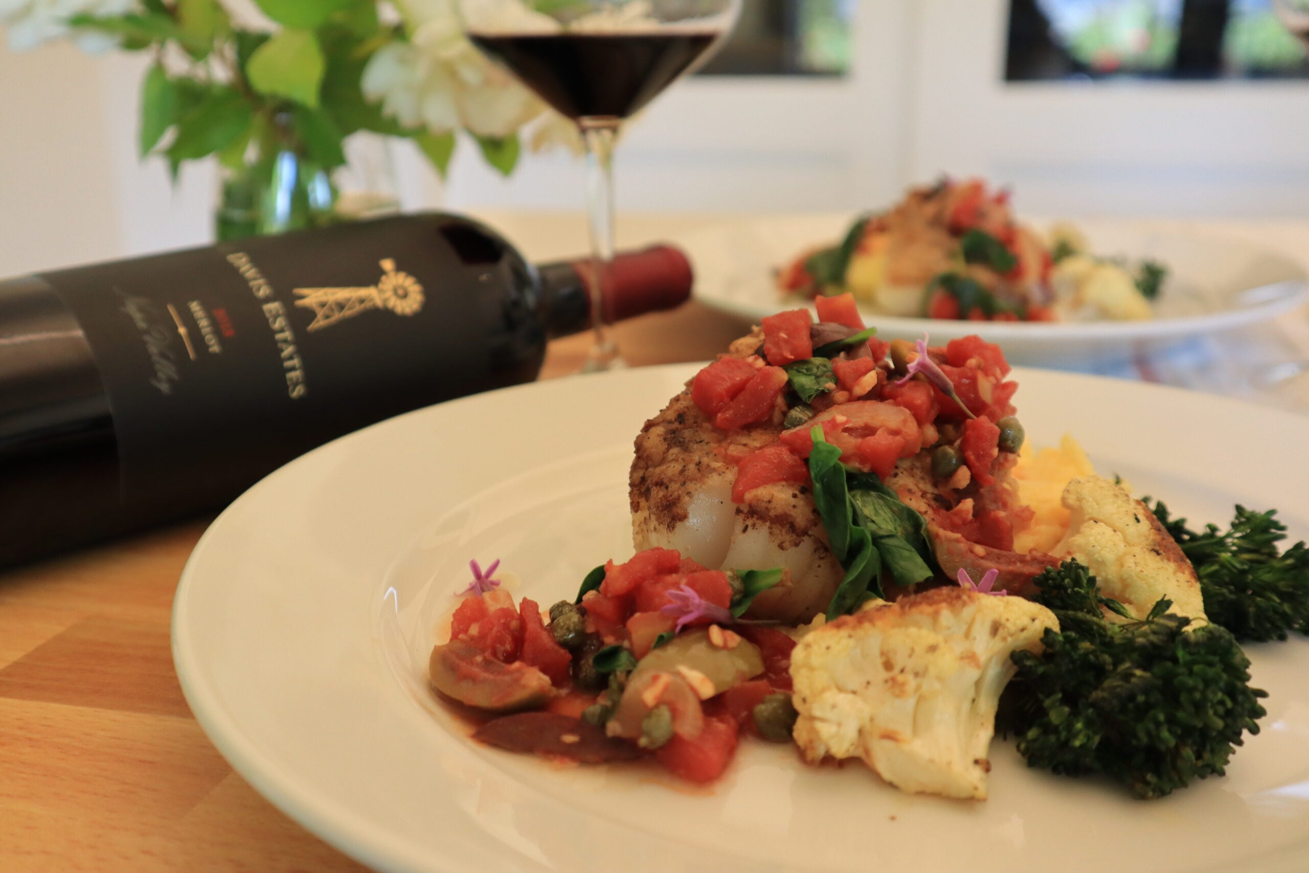 Ling Cod with Creamy Parmesan Polenta paired with Davis Estates Merlot