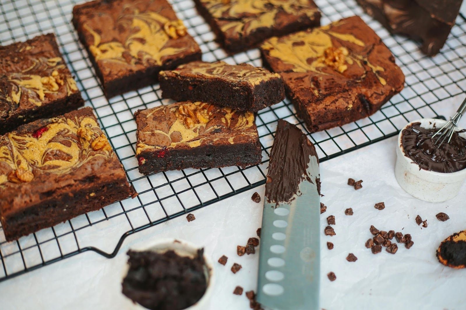 Chocolate brownies on cooling rack
